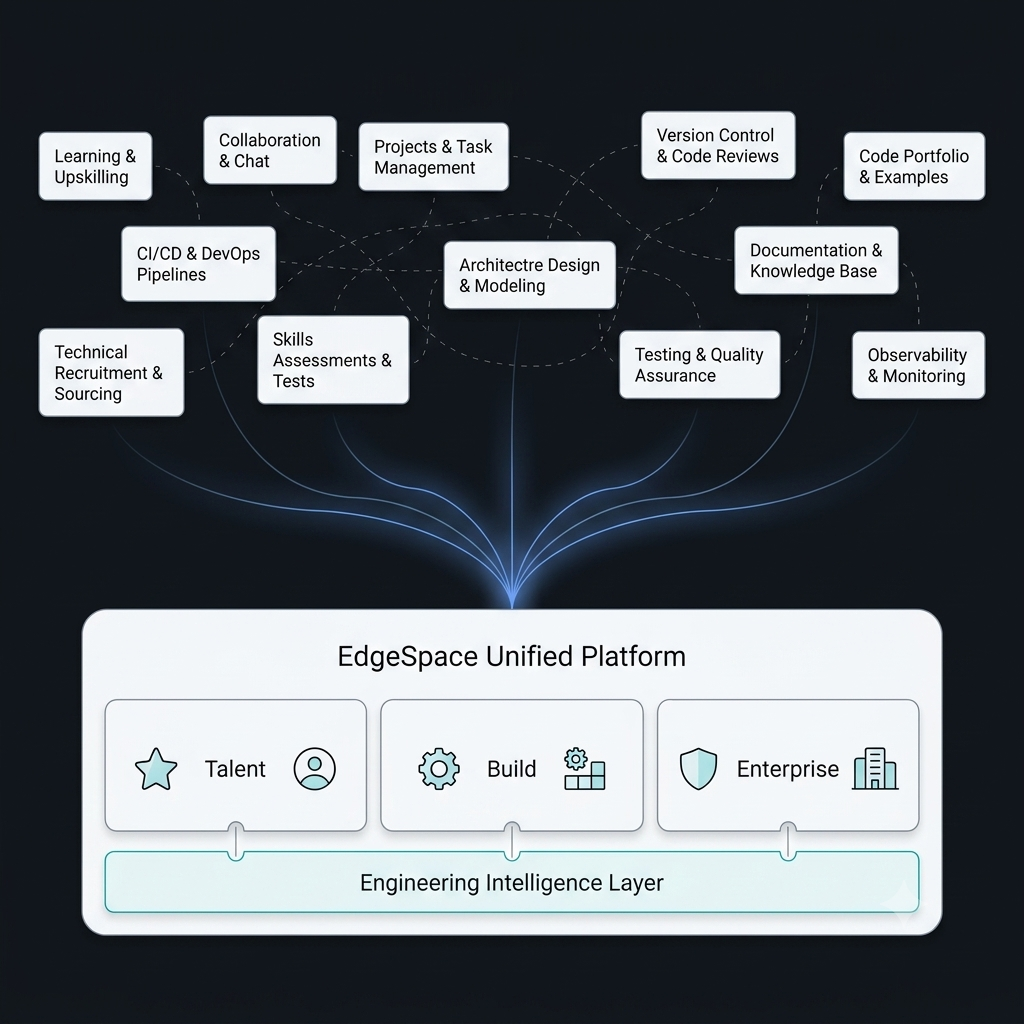 Abstract diagram of disconnected engineering tools becoming one connected platform